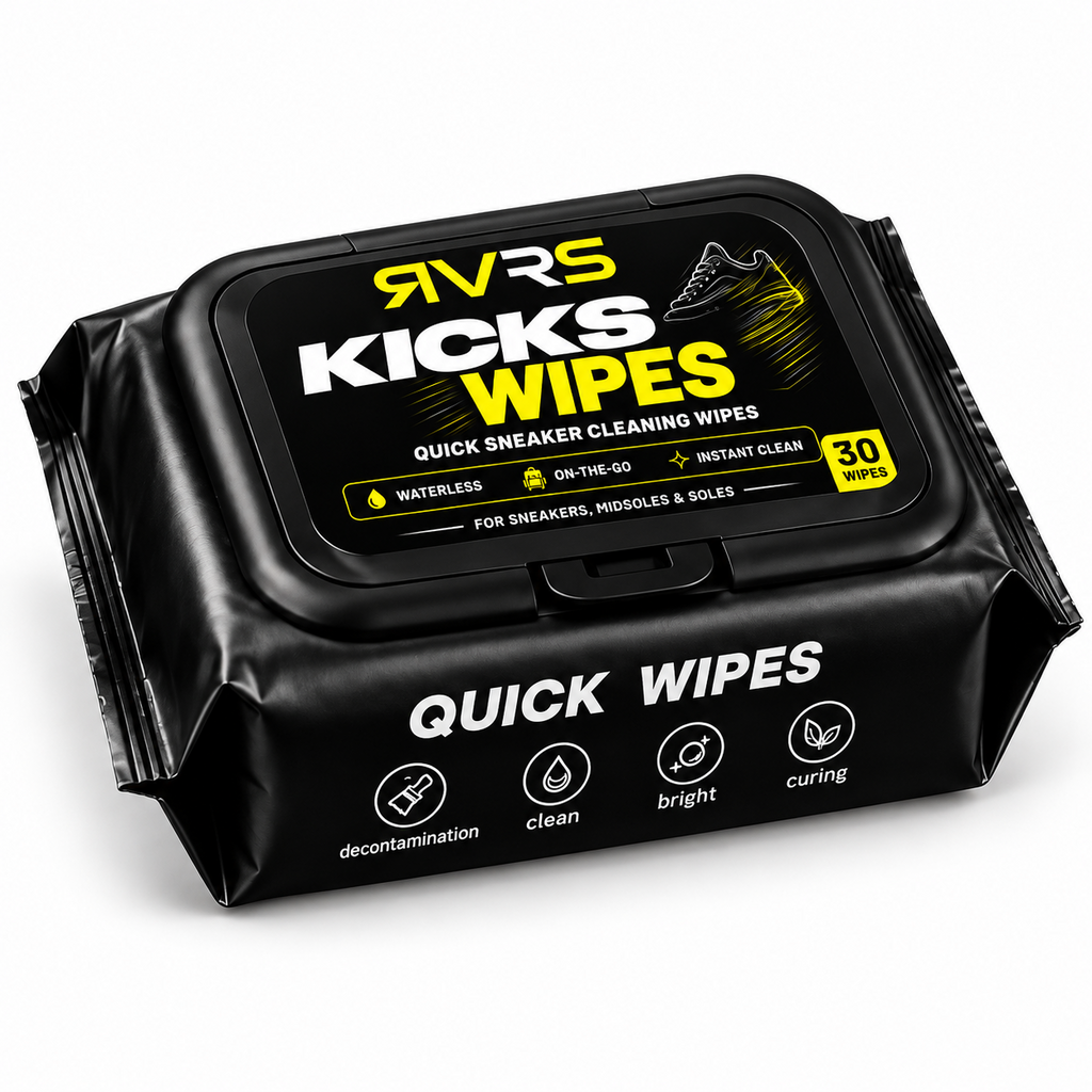A black resealable package of RVRS Kicks Wipes quick sneaker cleaning wipes, shown at a three-quarter angle on a white background.