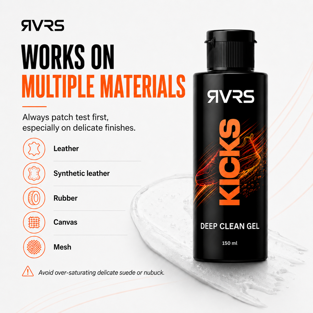 RVRS KICKS DEEP works on multiple shoe materials including leather synthetic leather rubber canvas and mesh
