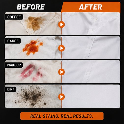 RVRS SPOT stain treatment before and after coffee sauce makeup and dirt