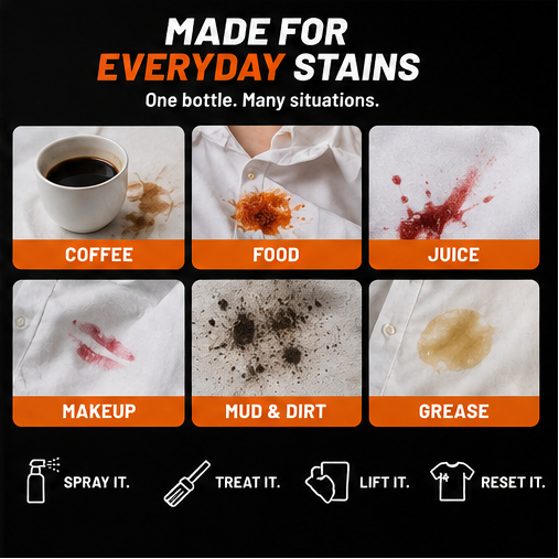 RVRS SPOT made for everyday stains coffee food juice makeup mud dirt and grease