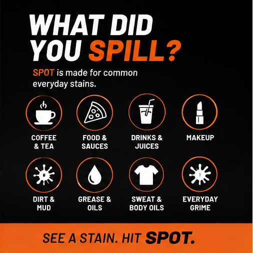 RVRS SPOT common everyday stains coffee tea food sauces drinks juice makeup dirt mud grease oils sweat body oils and grime
